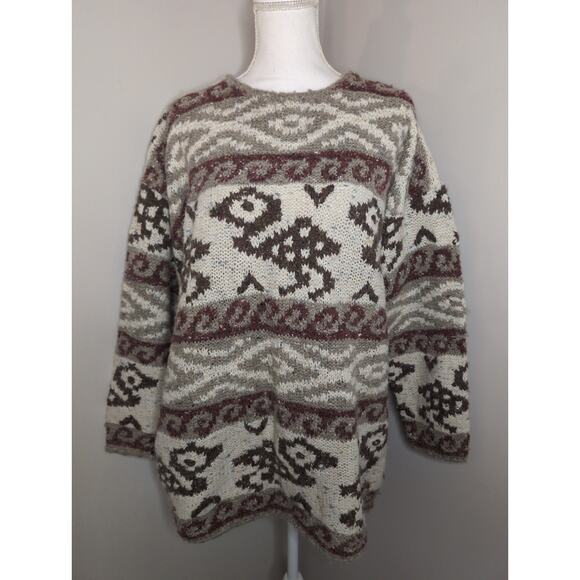 Express Sweaters - Vtg Express Tricot hand knit southwestern grandpa Aztec oversized sweater Lg